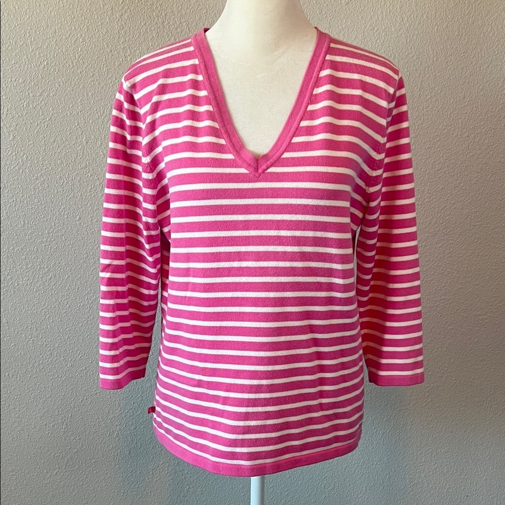 Lauren Ralph Lauren VNeck Striped Lightweight Sweater Pink/White Size Large
